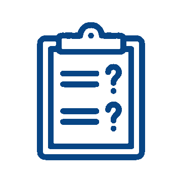 Blue outlined icon of a clipboard with a paper showing two lines of text and two question marks, representing a vet quiz, veterinarian questionnaire, or survey.