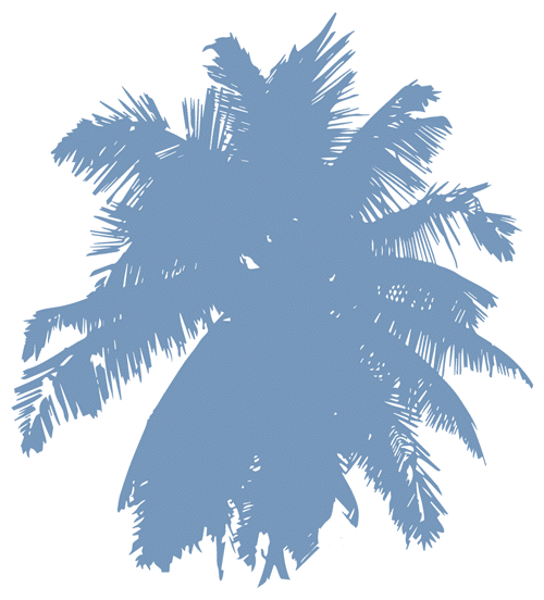 A blue silhouette illustration of a palm tree with detailed, textured leaves, set against a plain white background—perfect wall art for a veterinarian or vet clinic waiting room.