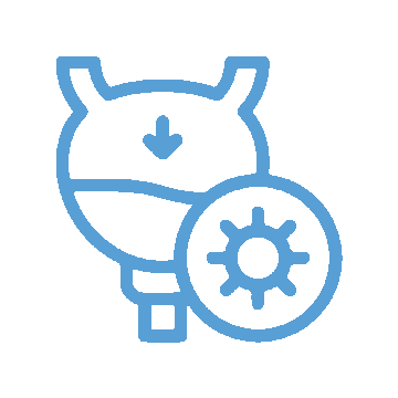 Blue line icon of a bladder with an arrow pointing down and a magnified germ or virus, representing a urinary tract infection (UTI), often diagnosed by a veterinarian or vet.