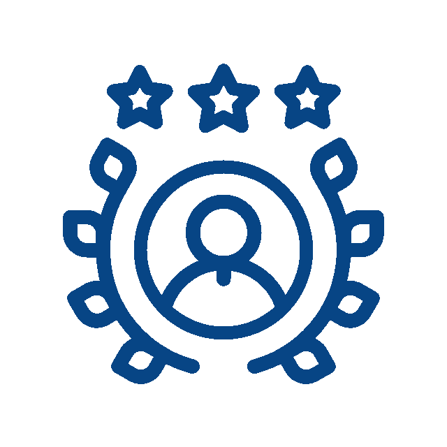 Blue outline icon of a veterinarian inside a circle, surrounded by laurel branches and three stars above, symbolizing achievement, recognition, or excellence in the veterinary field.