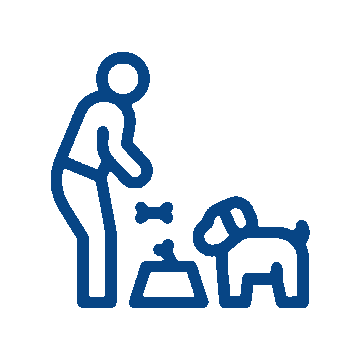 Blue line drawing of a veterinarian giving a bone-shaped treat to a dog standing next to a bowl.