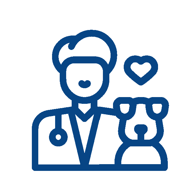 A blue line drawing of a veterinarian with a stethoscope standing next to a dog, with a heart symbol above the dog's head, captures the caring bond between pet and vet.