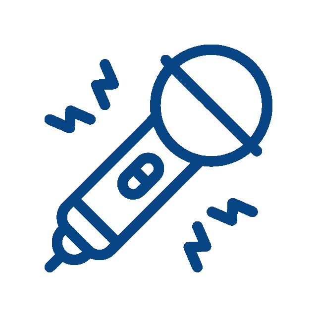 Blue line drawing of a microphone with sound wave symbols around it, suggesting it's picking up sound—perfect for a veterinarian or vet podcast logo—on a white background.