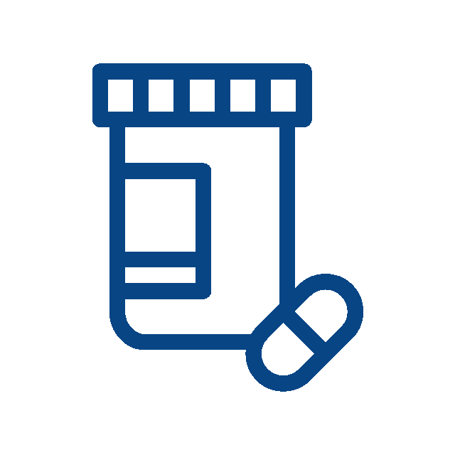 A blue line drawing of a prescription pill bottle with a label, next to a single capsule-shaped pill, shown on a white background—ideal for representing vet or veterinarian medication.