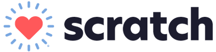 Logo for "scratch" featuring a red heart, symbolizing care from a veterinarian, surrounded by blue lines to the left of the word "scratch" in bold, dark letters.