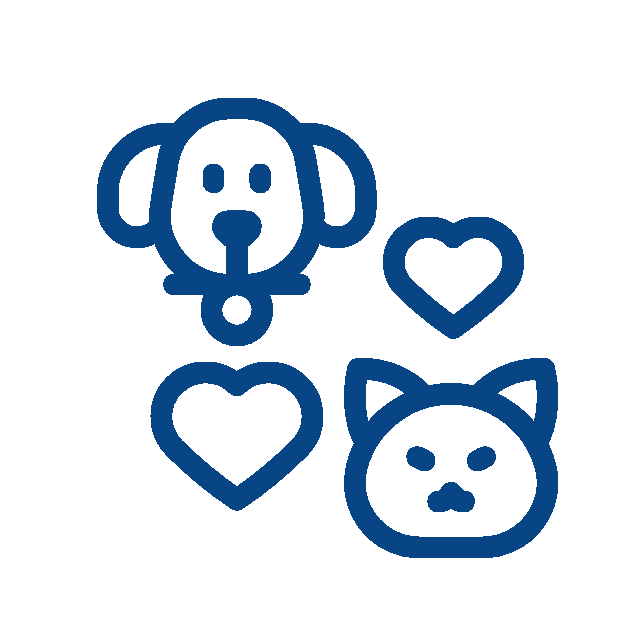 Blue outline icons of a dog and a cat, each with a heart shape near them, symbolizing the love and care veterinarians or vets provide for pets.