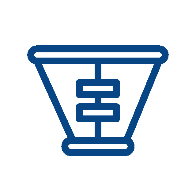 A blue outline icon of a funnel with horizontal bars inside, representing a data or sales funnel for a vet or veterinarian business, on a white background.