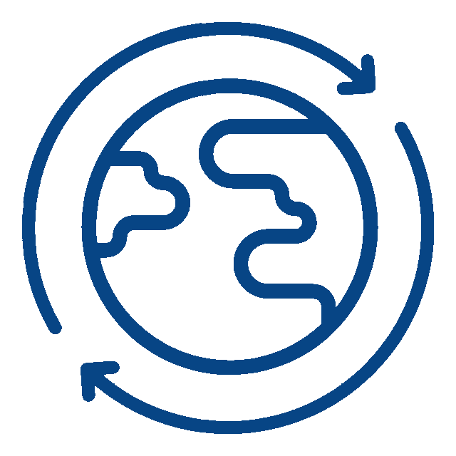 A blue line drawing of a globe with two curved arrows encircling it, symbolizing global connection or worldwide movement—perfect for a veterinarian or vet highlighting their commitment to animal care across the world.