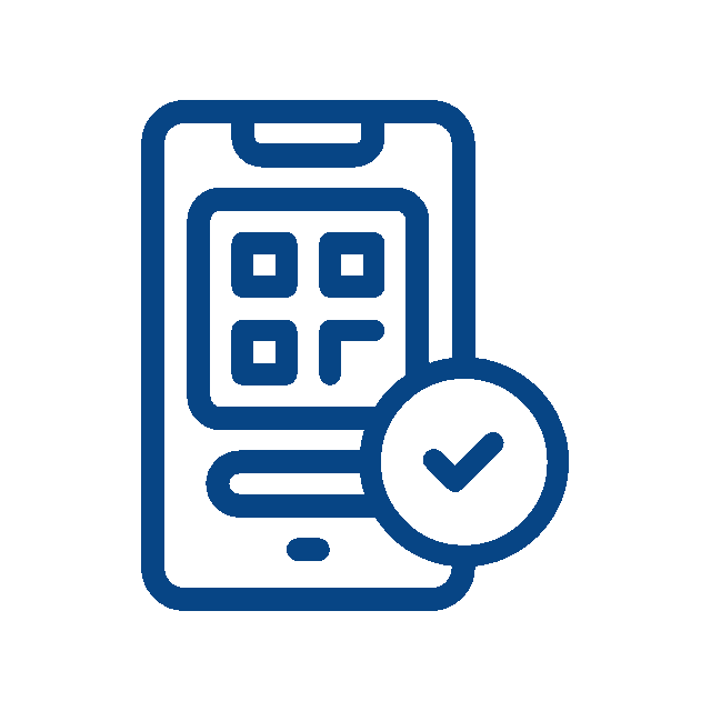 A blue line drawing of a smartphone displaying a QR code, with a checkmark in a circle overlapping the bottom right corner—perfect for vet appointment confirmations or veterinarian check-ins.