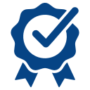 A blue award ribbon icon with a check mark in the center, symbolizing approval, certification, or quality assurance from a trusted veterinarian.